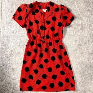 VTG 80s Brothers Dress Women L Red Leaf Print Puff Sleeve Elastic Waist USA Made